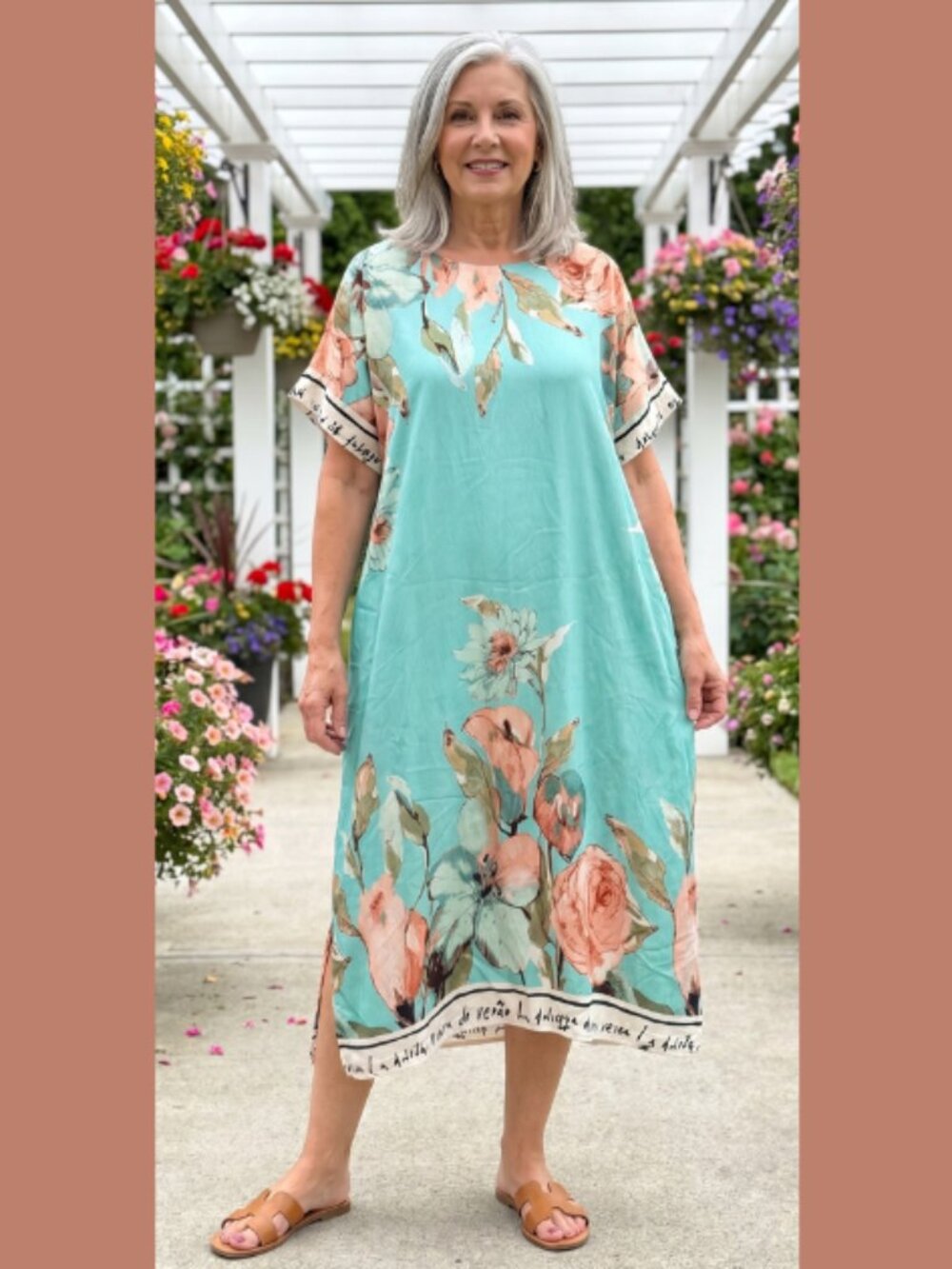 Made in Italy Viscose Blooming Elegance Dress - Aqua - One Size Plus M - 2X